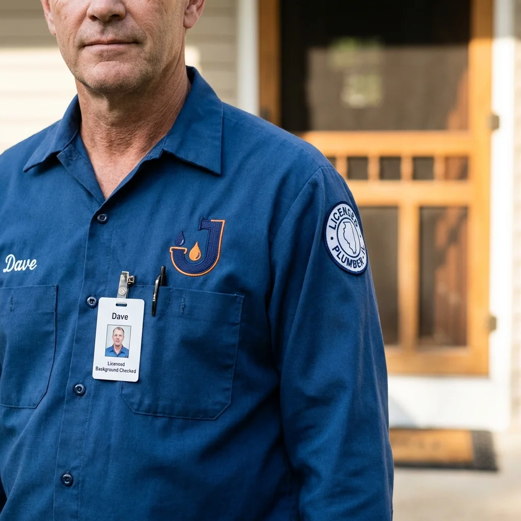 Licensed plumber showing ID badge in Farmington, MI