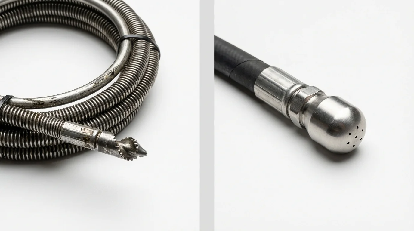 Drain snake cable and hydro jetting nozzle used for drain cleaning in Farmington, MI