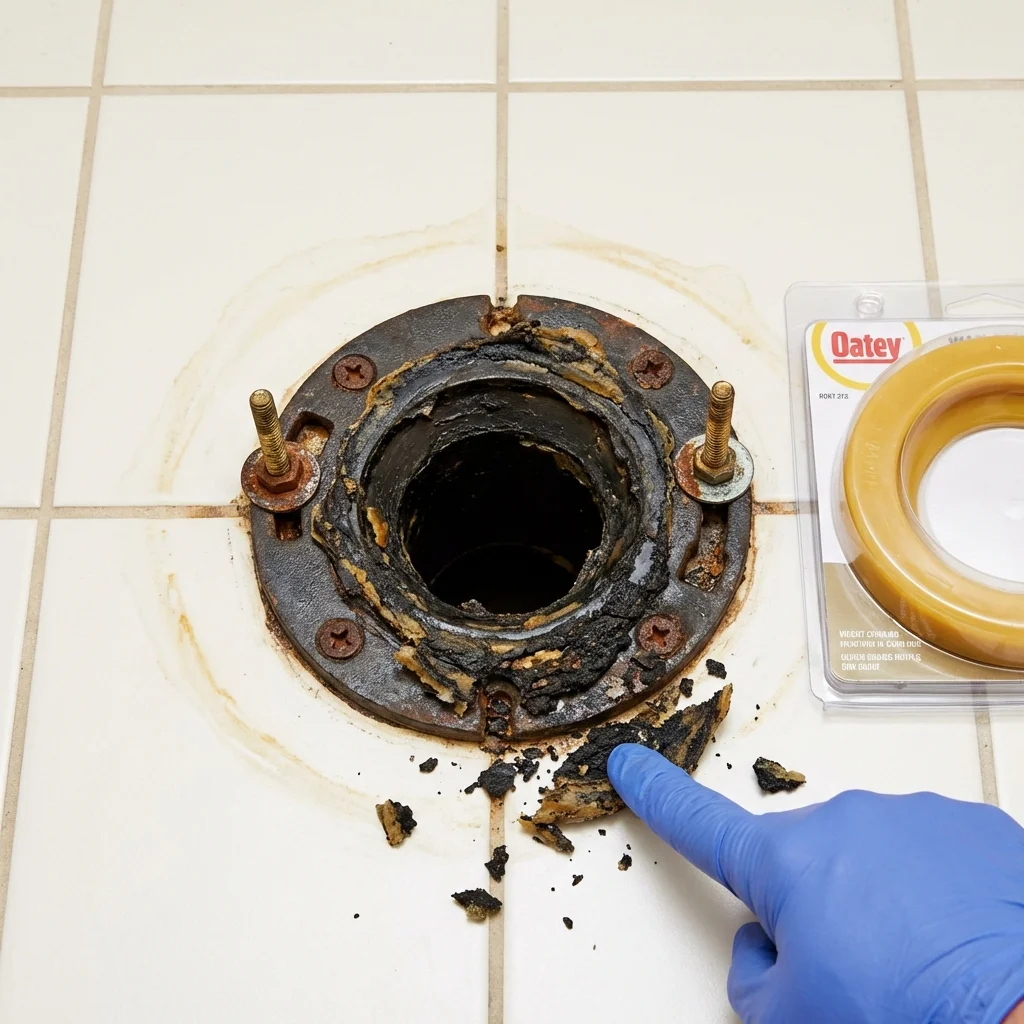 Failed wax ring showing water seepage at the base of a toilet in a Farmington, MI home