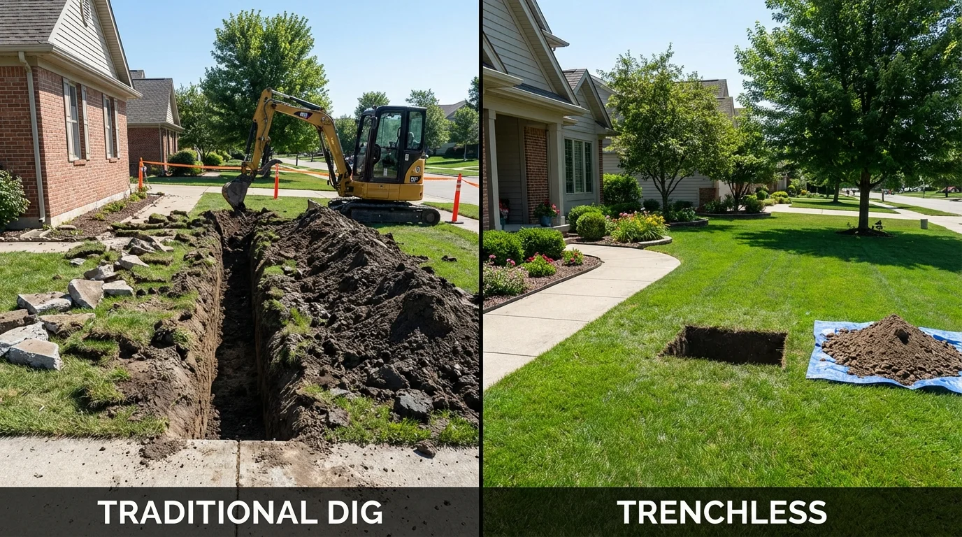 Trenchless sewer repair with minimal yard damage versus traditional excavation in Farmington, MI