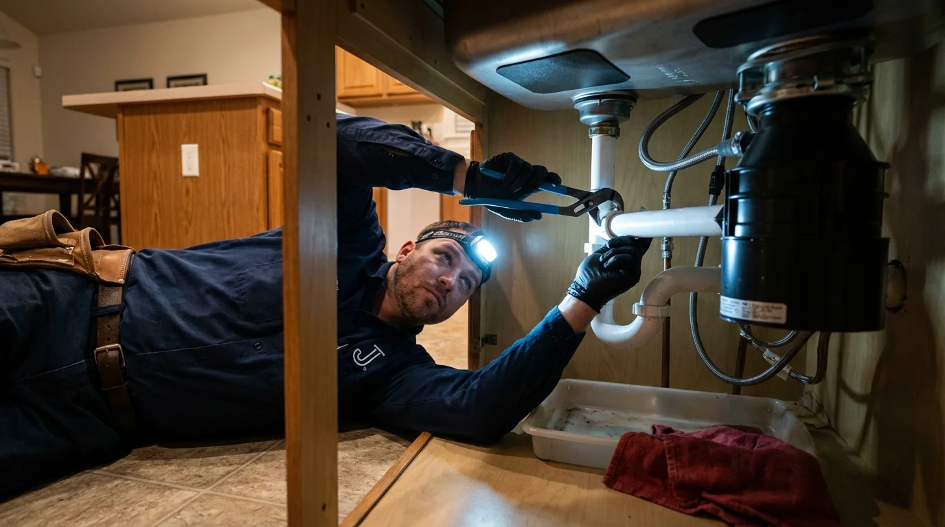 P-trap and supply line connections under a kitchen sink showing a common leak point in Farmington, MI